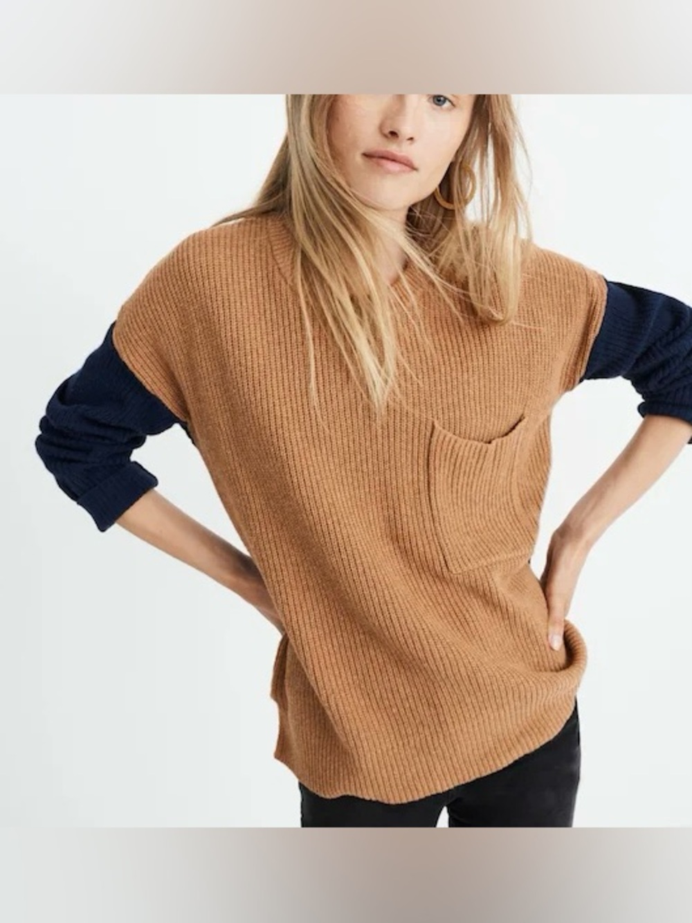 Madewell Thompson Pocket Pullover Sweater in Colorblock Heather Timber